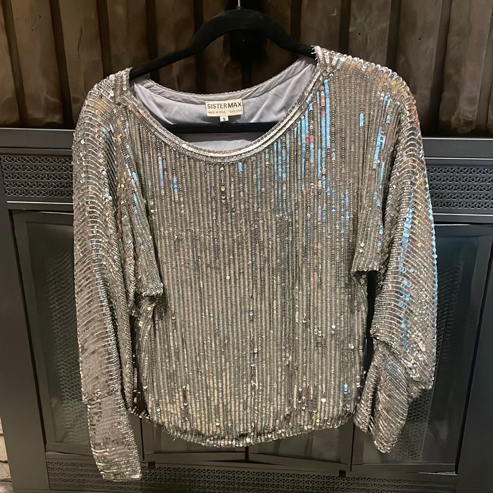 Sister Max Vintage 100% Silk Silver Beaded Top